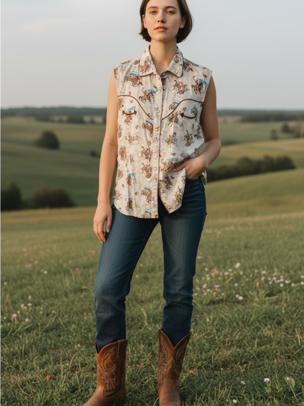 Vintage Panhandle Women's Western Snap Front Sleeveless Blouse Size XXL
